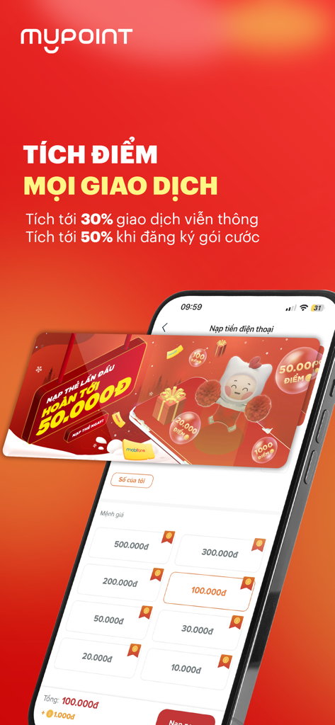 MyPoint: Tích điểm muôn nơi - Captura de tela do aplicativo MyPoint mostrando pontos de fidelidade para cada transação e recarga de telefone.