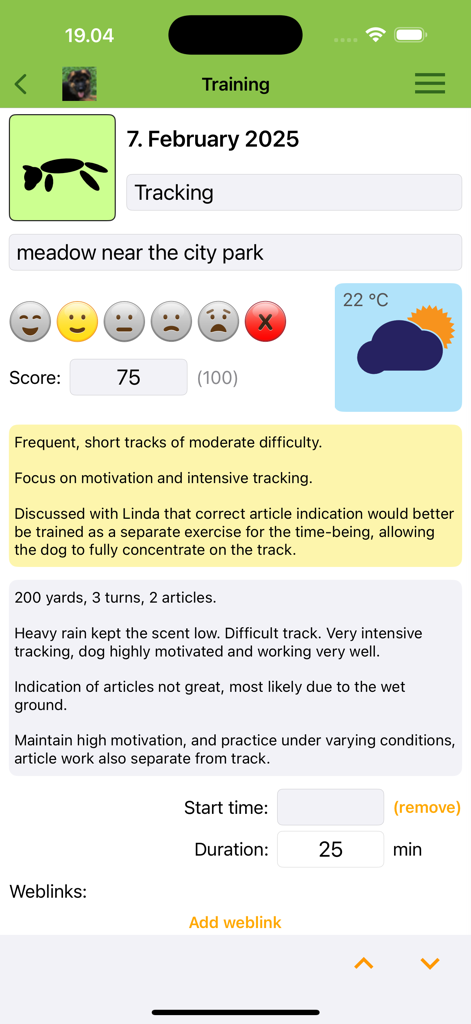 A detailed dog training log entry in DogScroll showing session metrics scores and training notes
