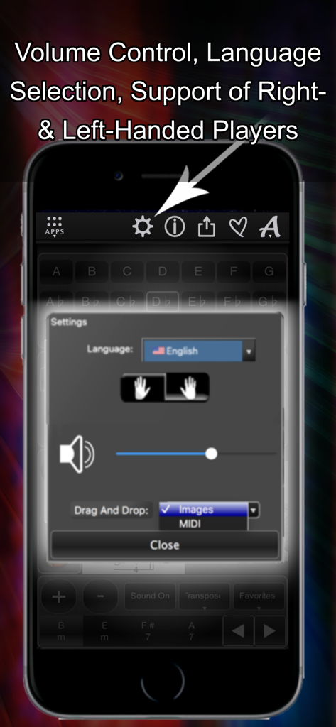 120 Guitar Chords - Interfaz de configuración de la aplicación 120 Guitar Chords con control de volumen, idioma y configuraciones para zurdos