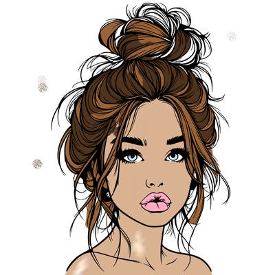 realistic girl with a messy bun and she has lips