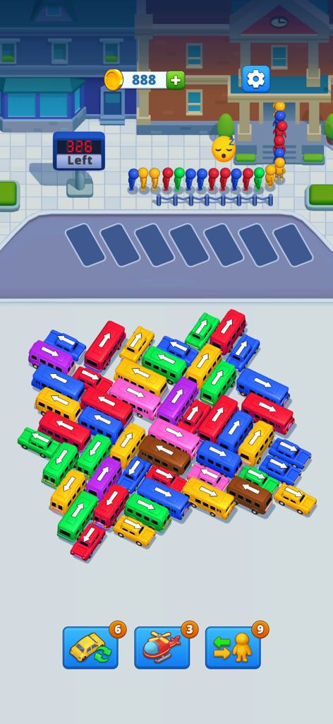 Bus Parking Jam: Chaos Escape - Gameplay screenshot of Bus Parking Jam Chaos Escape showing a crowded parking lot with colorful buses and cars