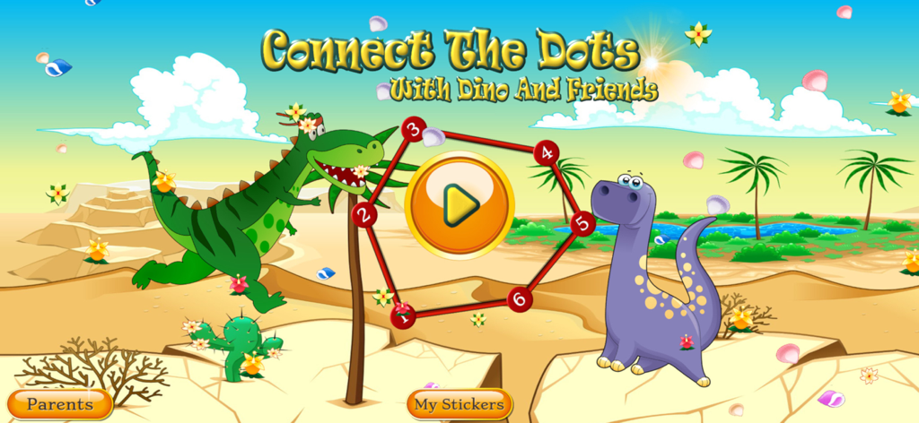 Dinosaur Dots Connect for kids - The home screen of Dinosaur Dots Connect for kids showing two friendly dinosaurs and a numbered play button.