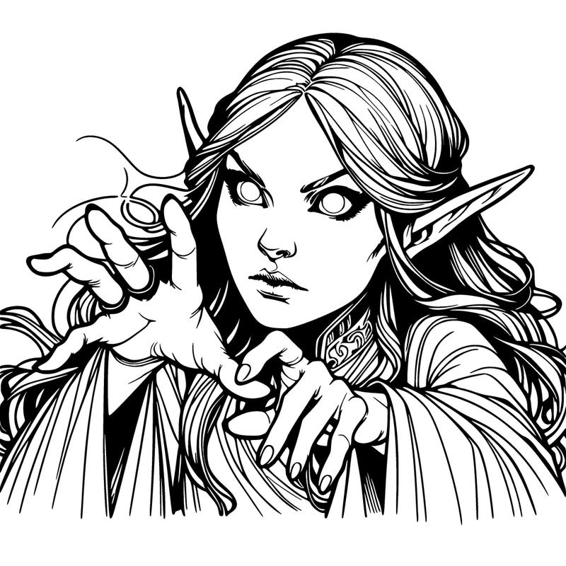 realistic magic scary beautiful elf sorcering a spell