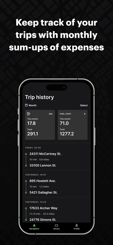 HUDWAY Drive: HUD for any car - HUDWAY Drive app trip history screen showing fuel usage and expense summaries