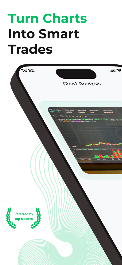 Application Trade AI montrant une analyse de graphique financier sur un écran d'iPhone avec le slogan Transformez les graphiques en trades intelligents.