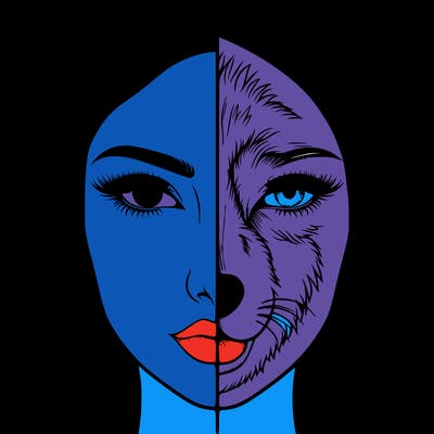 split face realistic woman and wolf