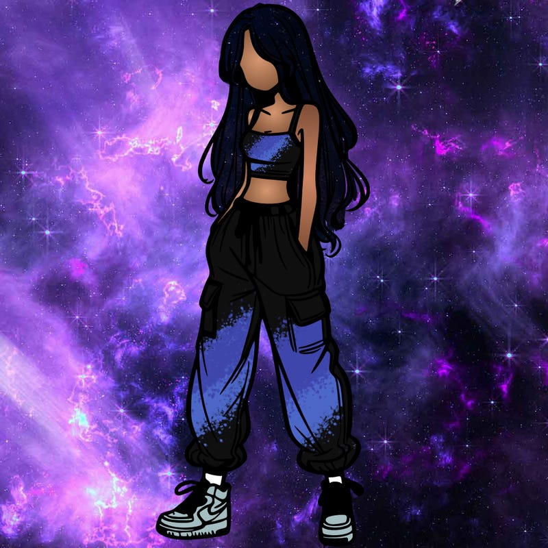 girl in baggy pants crop top and long hair