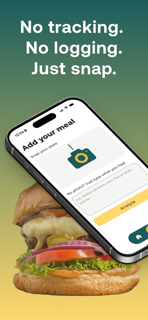 Aipa Plate app interface displaying the snap feature for effortless meal tracking and food logging.