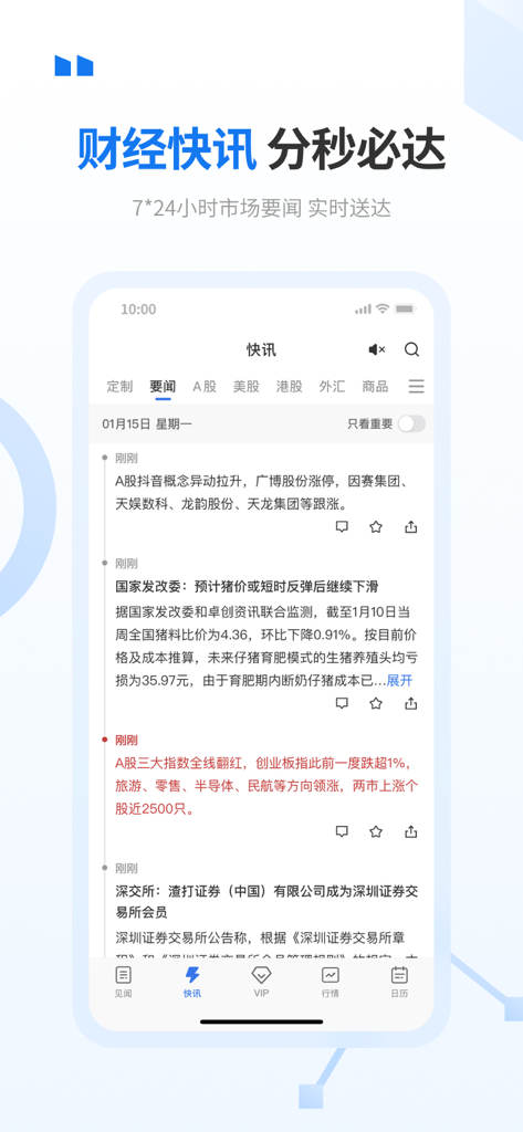 Real-time financial news flash feed on the Wall Street CN International mobile app interface