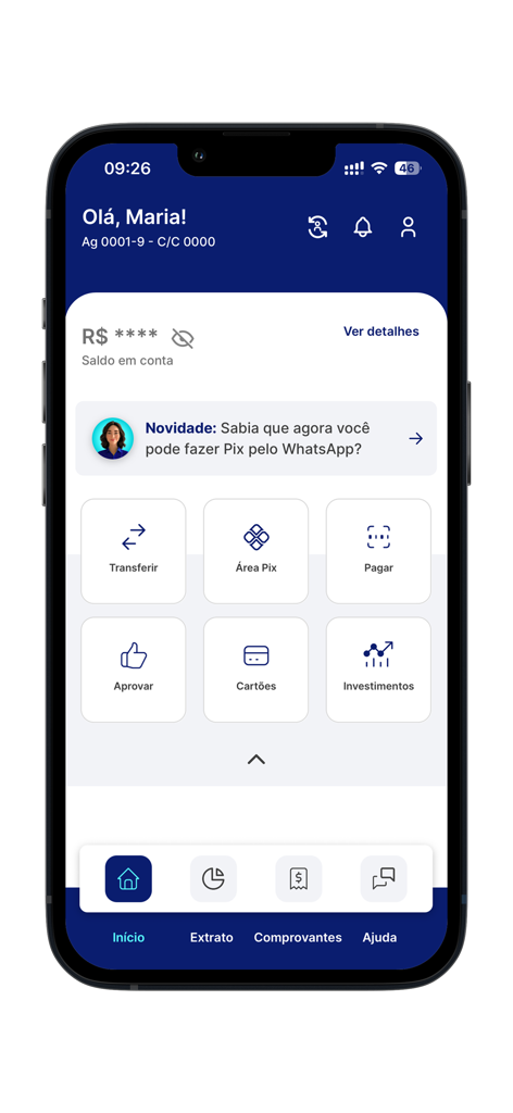 Banco Rendimento - Pantalla de inicio de la aplicación móvil de Banco Rendimento mostrando el saldo de la cuenta y opciones bancarias como Pix y transferencias