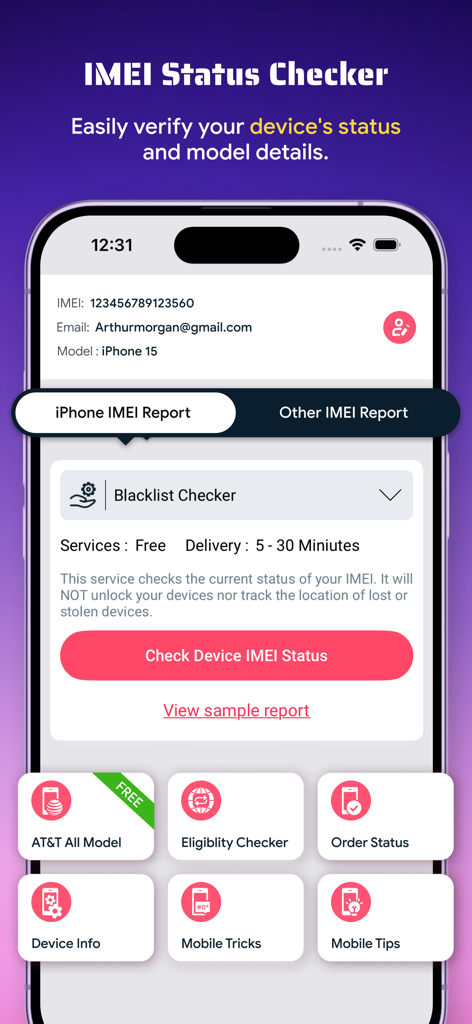 Interface of the SIM Card Status Checker app showing IMEI report and blacklist verification tools