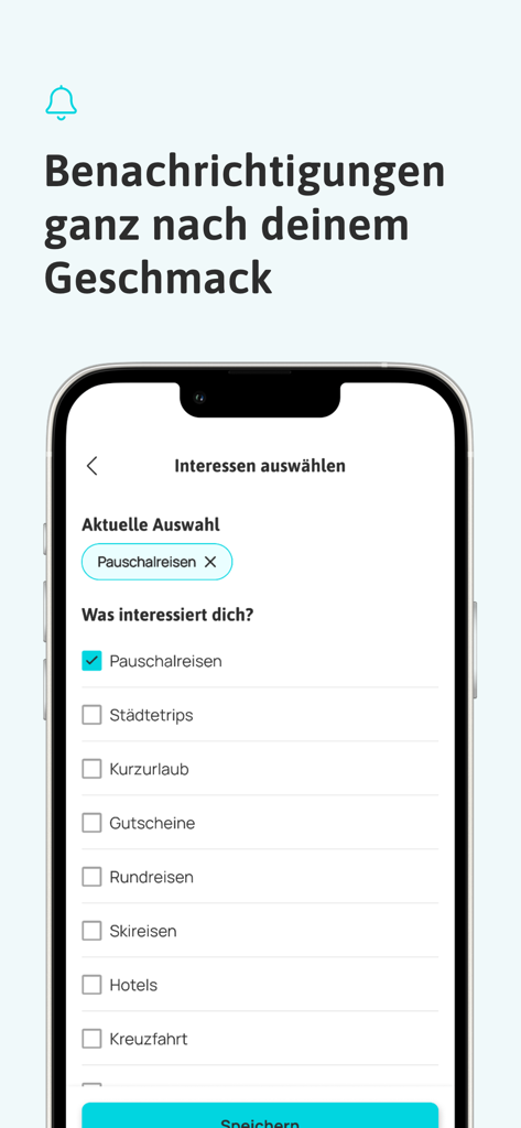 Urlaubsguru - Reisen & Urlaub - Schermata dell'app Urlaubsguru per la selezione degli interessi di viaggio per ricevere notifiche push personalizzate