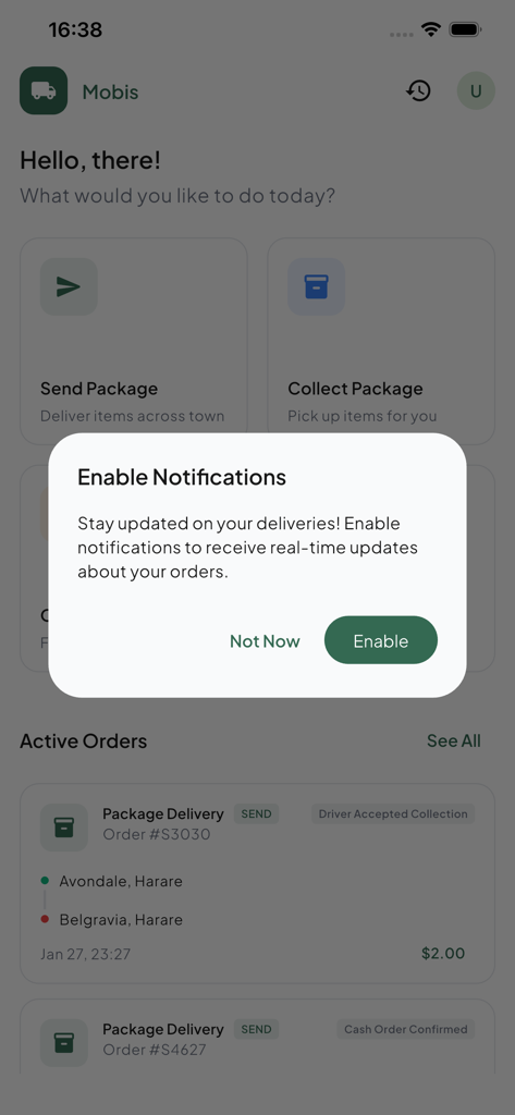 MOBIS Delivery - Interface do aplicativo MOBIS Delivery com um prompt de notificação para atualizações de rastreamento em tempo real.