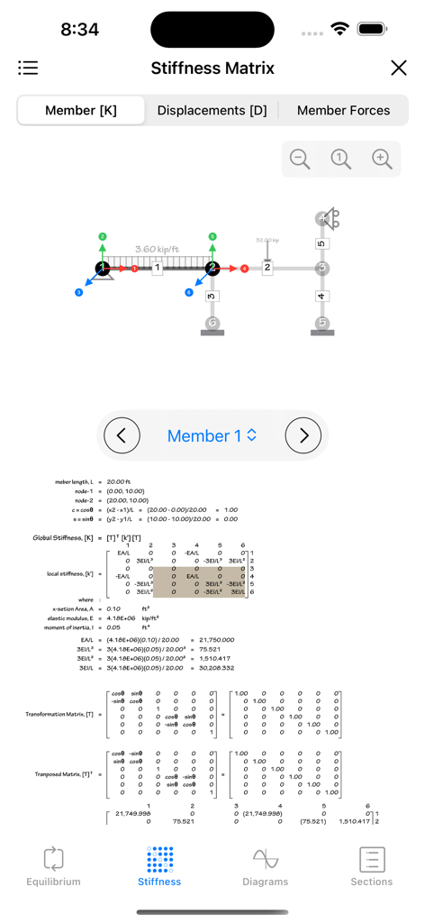 A-Frame - A-Frame app interface displaying structural stiffness matrix calculations and frame diagram