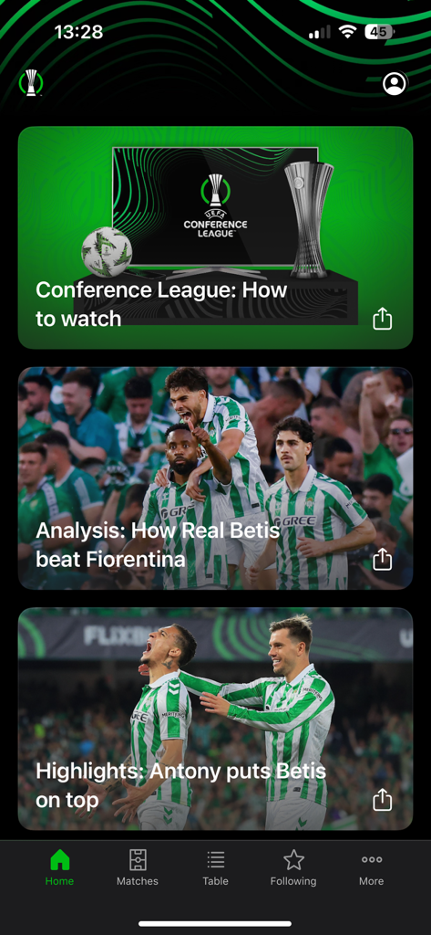 UEFA Conference League - Home feed of the UEFA Conference League app showing match analysis and video highlights