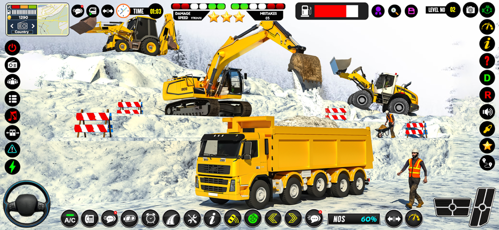 Road Build & Dropoff Missions - Excavadora y camión volquete de carga pesada trabajando en un sitio de construcción de carreteras nevadas.