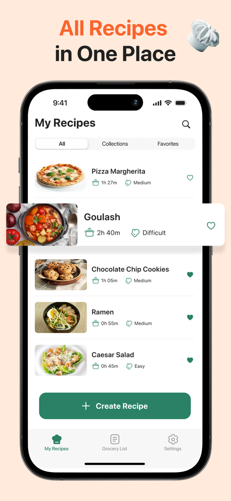 Recipic: Recipe Keeper & Cook - Recipic app showing an organized list of saved recipes with cook times and difficulty levels in a digital cookbook