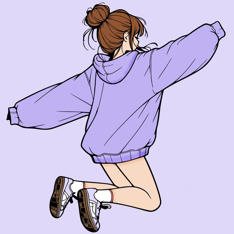 realistic girl jumping with a bun and oversized sweatshirt