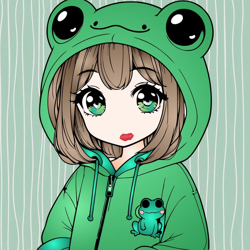cute realistic girl in a froggy hoodie