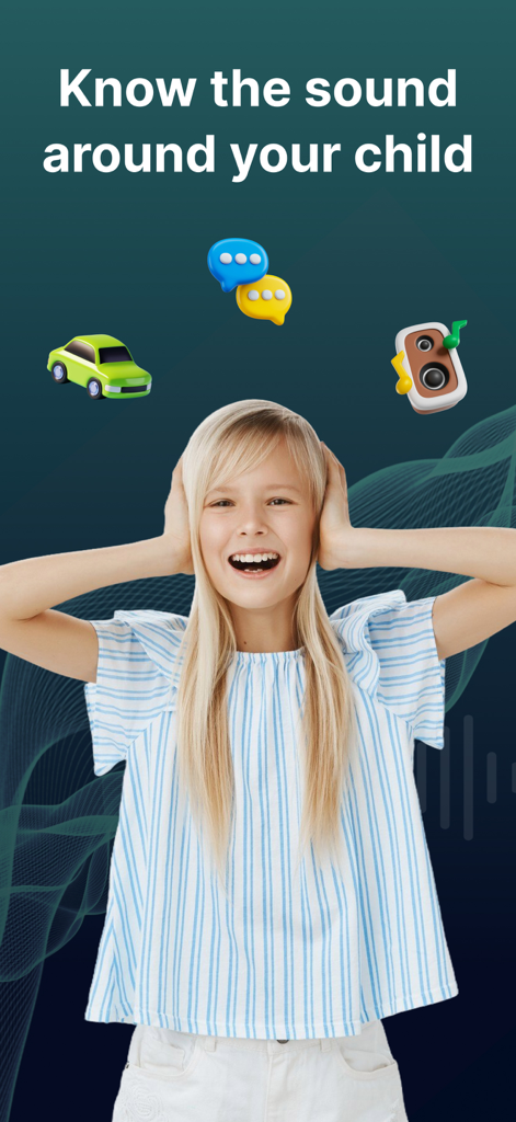 Location Phone Tracker: Ambii - A young girl covering her ears with icons representing loud noises like traffic and music