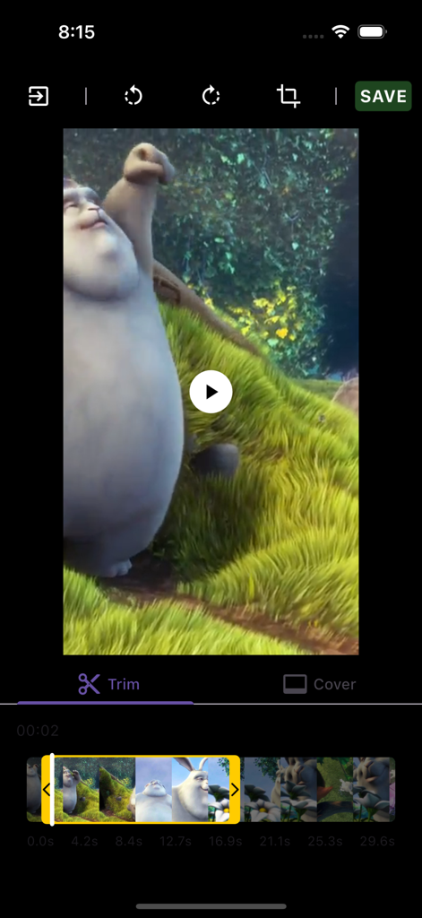 Video To Live Wallpaper 4K HD - Pantalla de edición de video que muestra la herramienta de corte con una línea de tiempo y vista previa para crear fondos de pantalla animados