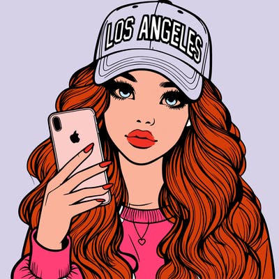 realistic beautiful girl wearing los ángeles cap holding an iphone