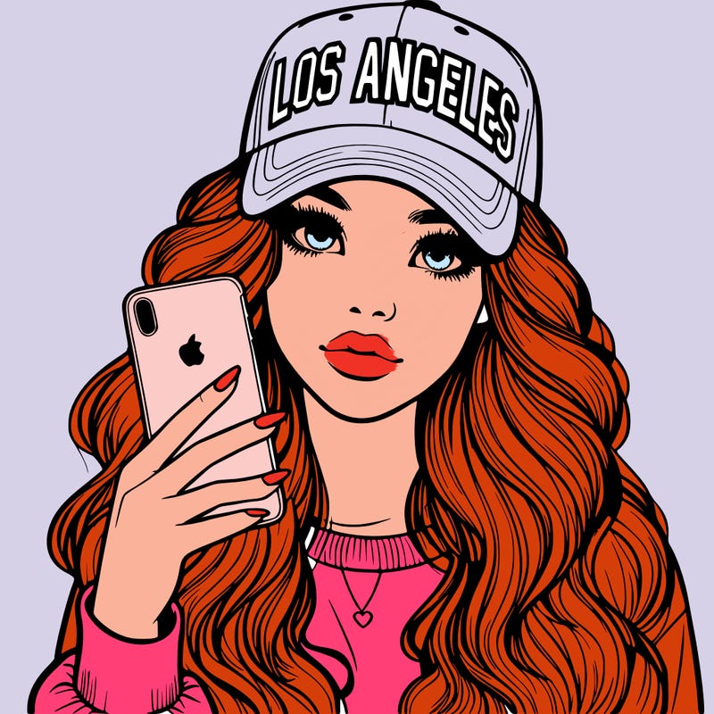 realistic beautiful girl wearing los ángeles cap holding an iphone