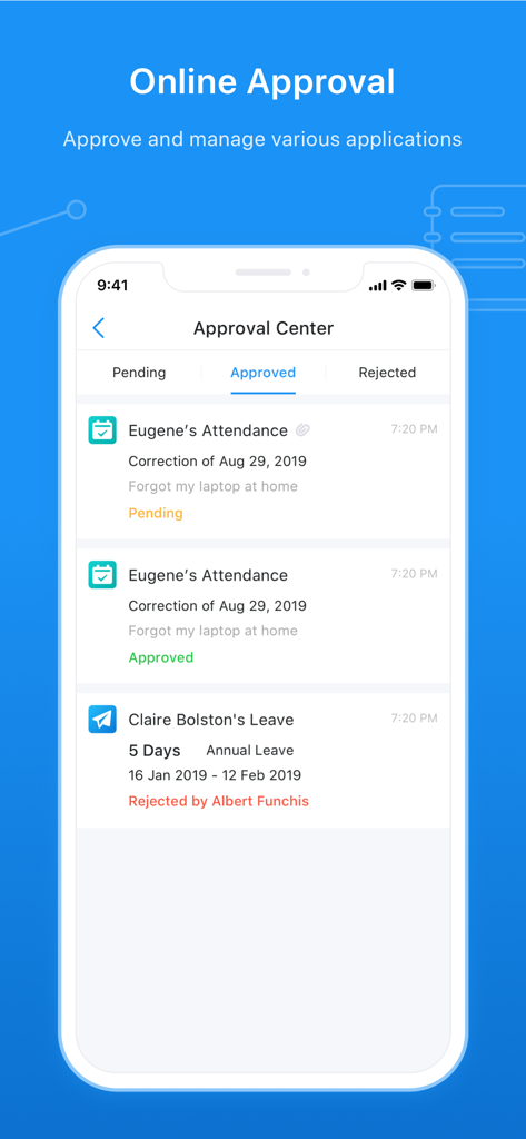 SeaTalk - SeaTalk mobile app interface showing the Approval Center screen for managing employee attendance and leave requests