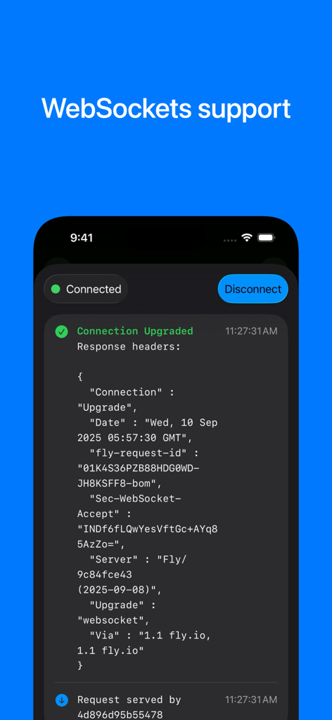 HTTPBot app screenshot showing active WebSocket connection and response headers