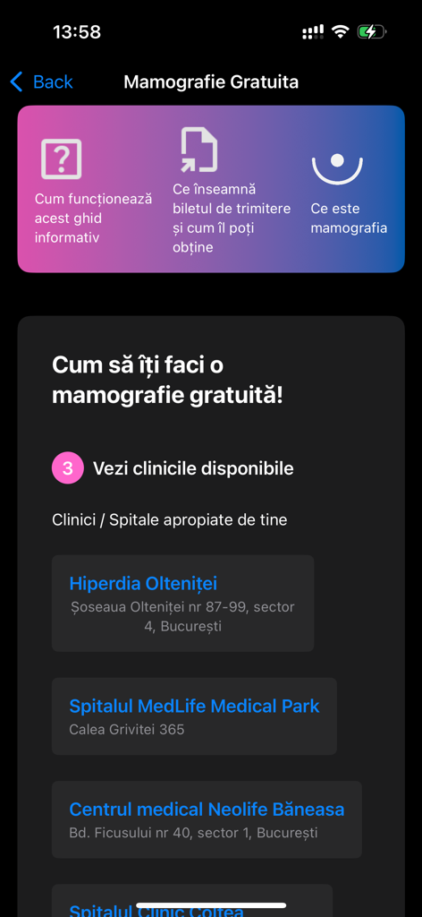 iMedico - iMedico app screen showing a guide for free mammography and a list of available medical clinics.