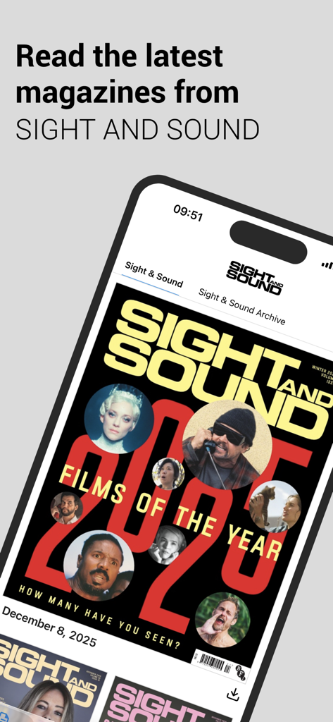 Sight & Sound - A smartphone displaying the Sight and Sound magazine app with the Films of the Year 2025 cover featured.
