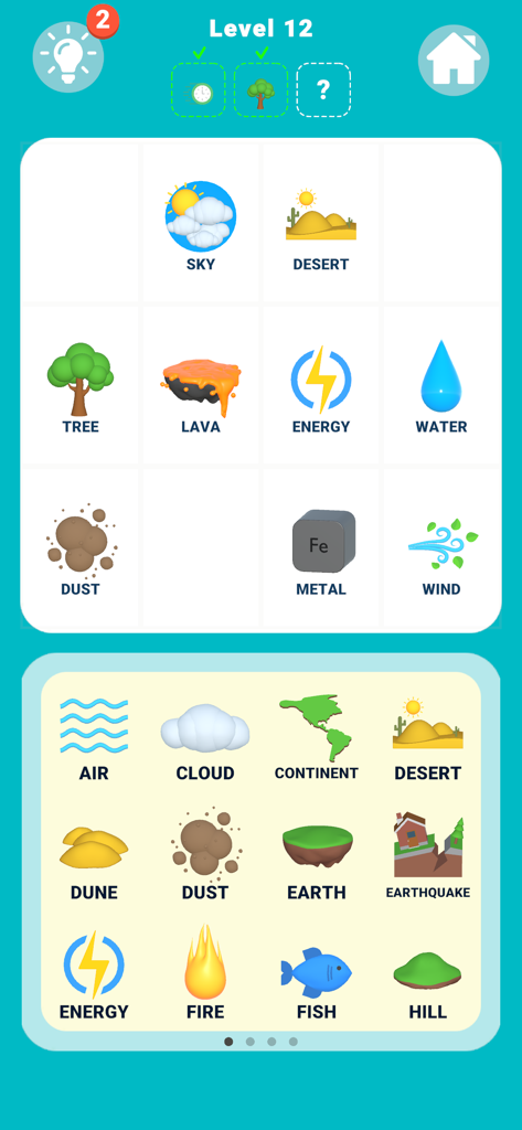 Elements Merge - A screenshot of Elements Merge mobile game at level 12 showing various elemental icons for merging.