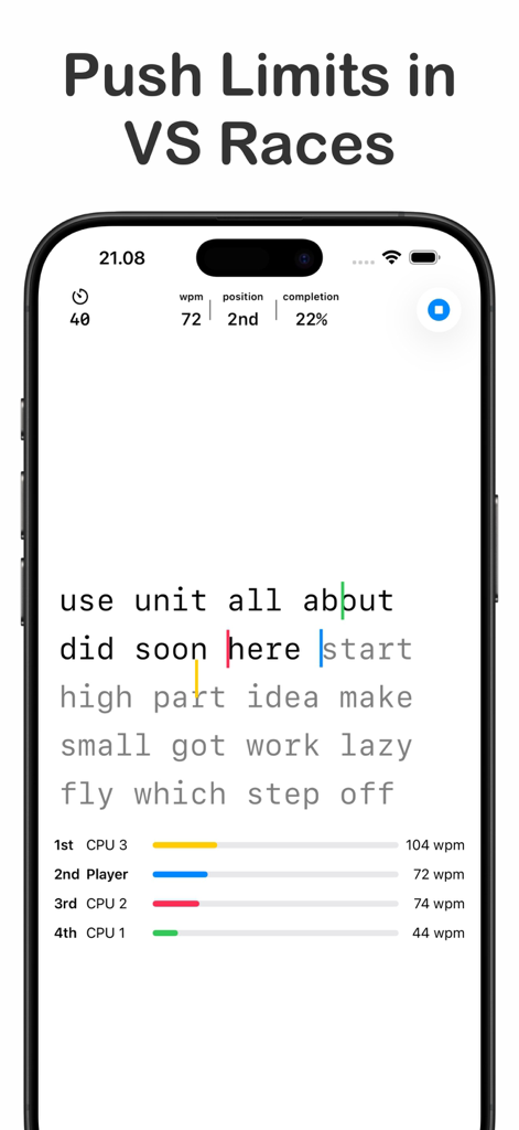 A mobile interface showing a competitive typing race against AI opponents with real-time WPM stats and progress bars.