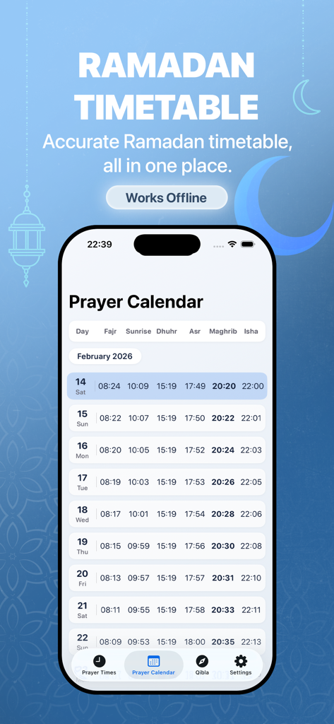 Vaktim: Prayer Times & Qibla - Vaktim app displaying a detailed monthly Ramadan prayer calendar and timetable