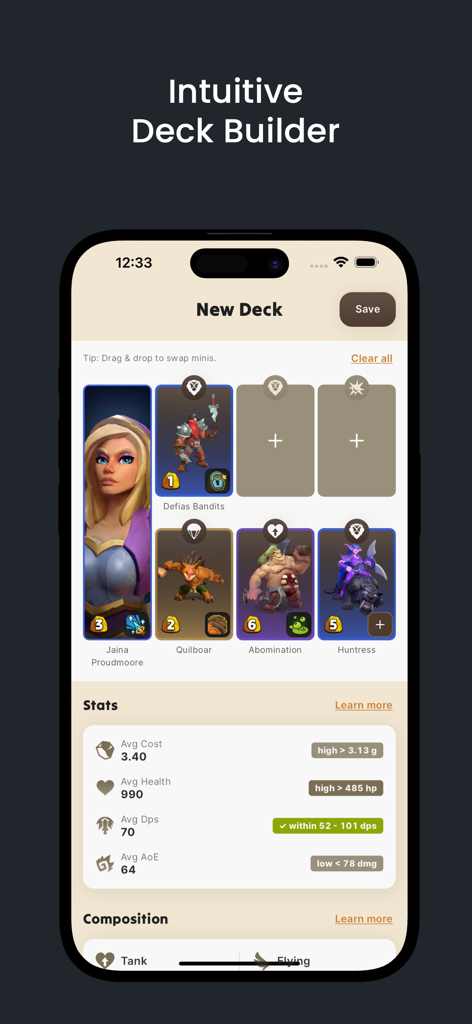 Decks for Warcraft Rumble - Intuitive deck builder screen in the Decks for Warcraft Rumble app showing selected minis and team stats.