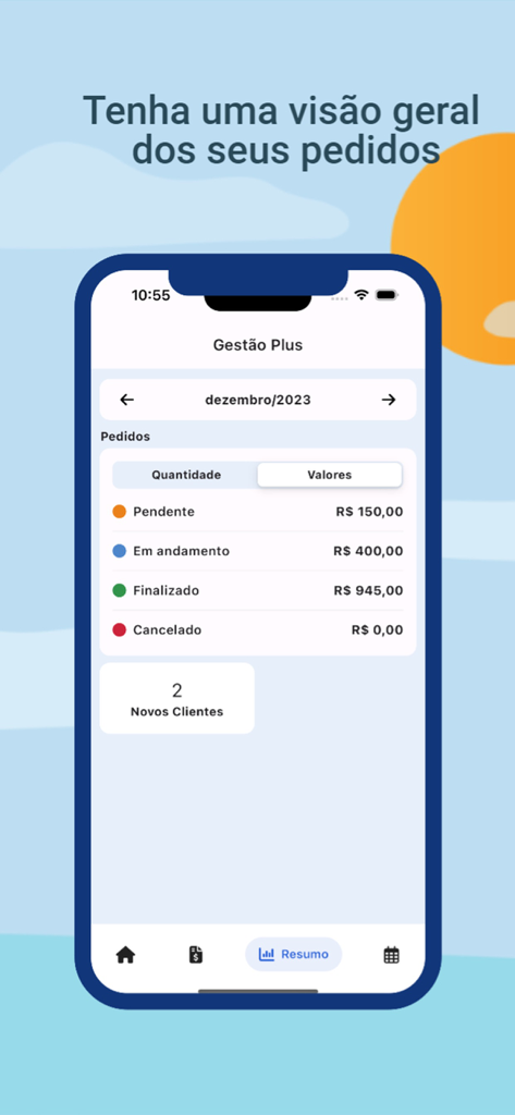 Venbook: Customers, Orders - Painel do aplicativo móvel Venbook mostrando um resumo de pedidos pendentes, em andamento, concluídos e cancelados com seus valores monetários totais.