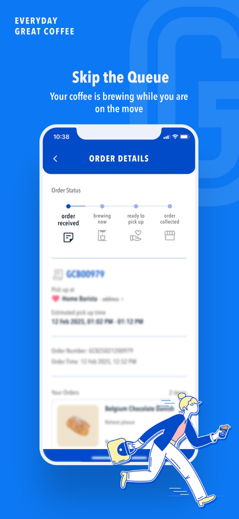 Gigi Coffee - Gigi Coffee app interface showing order tracking status and skip the queue feature