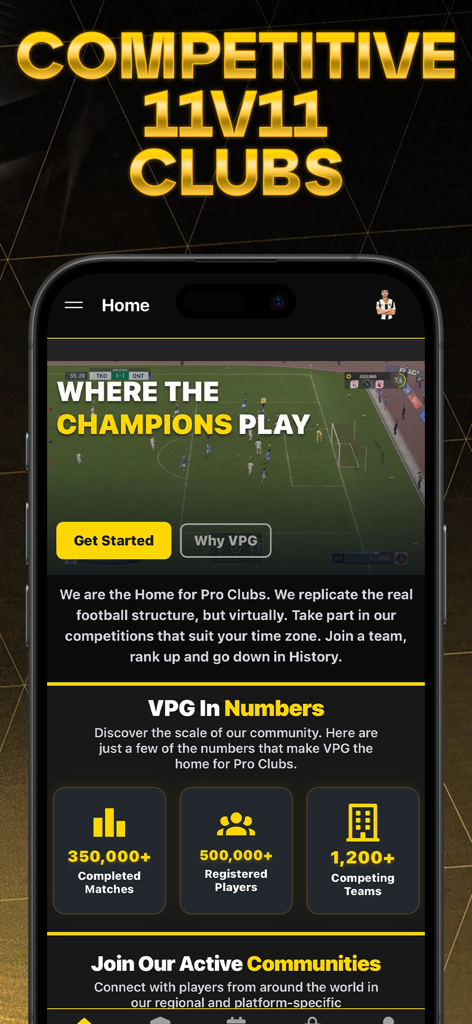 Virtual Pro Gaming - Home screen of the Virtual Pro Gaming app featuring competitive 11v11 clubs and player stats.