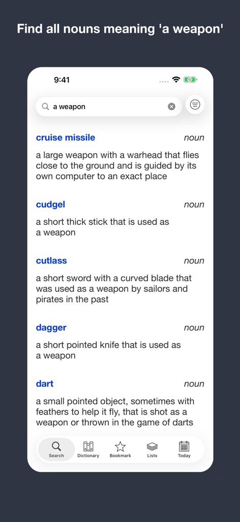 English Meaning Dictionary - English Meaning Dictionary reverse search results showing nouns that mean a weapon such as cruise missile and dagger