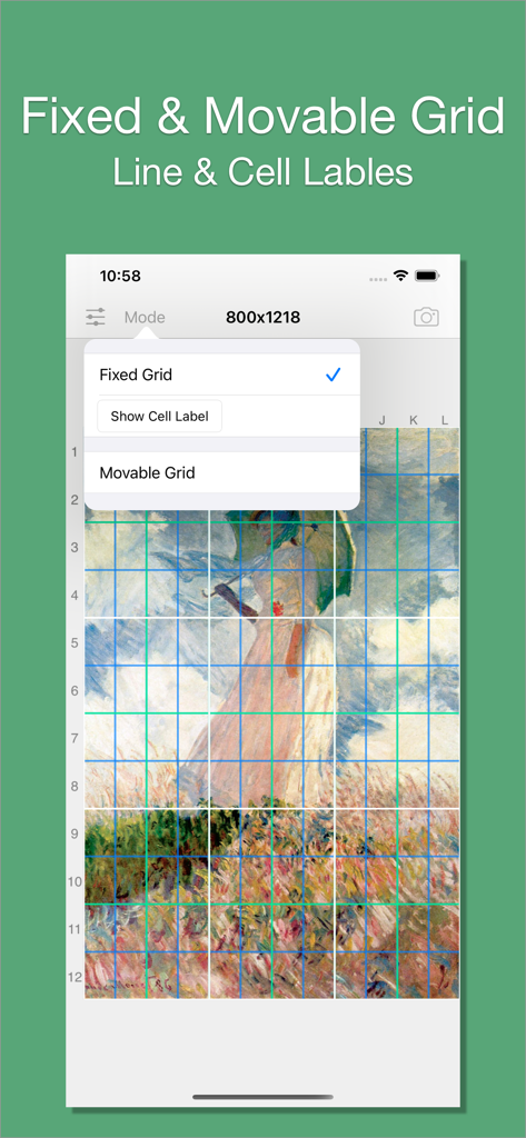 A screenshot of the Grid app showing the fixed and movable grid mode options over a classical painting.