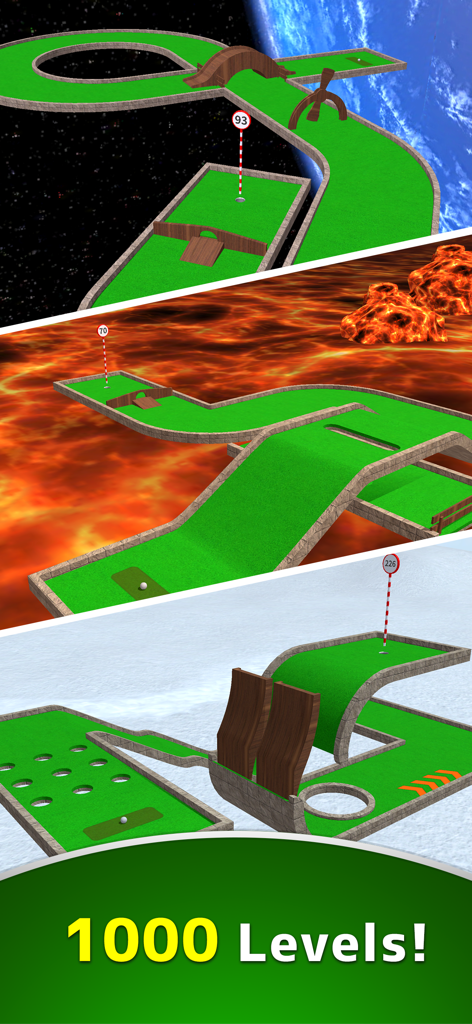 A collage of three different mini golf courses with space lava and snow themes showing 1000 levels available