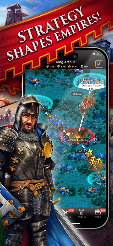 Lords & Knights - Mobile Kings - Smartphone showing medieval map gameplay with troop movements and a knight