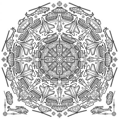 Dive into a world of strategic design with this unique military vehicle mandala coloring page. Explore a captivating symmetrical arrangement of tanks, jets, and helicopters, perfect for an engaging coloring challenge.