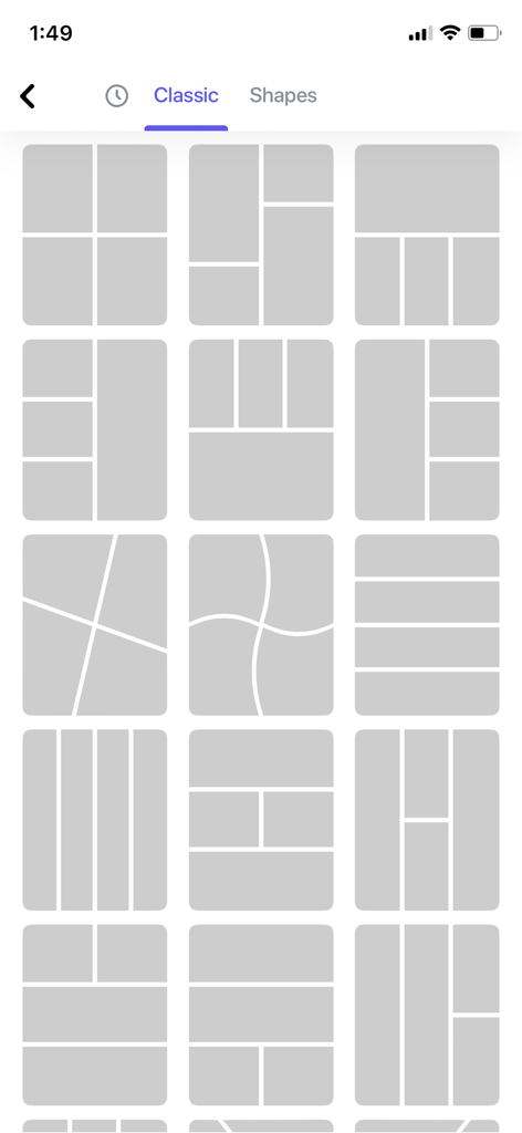 Layout - Photo Collage Maker - Una cuadrícula de plantillas clásicas de diseño de fotomontajes para edición móvil.