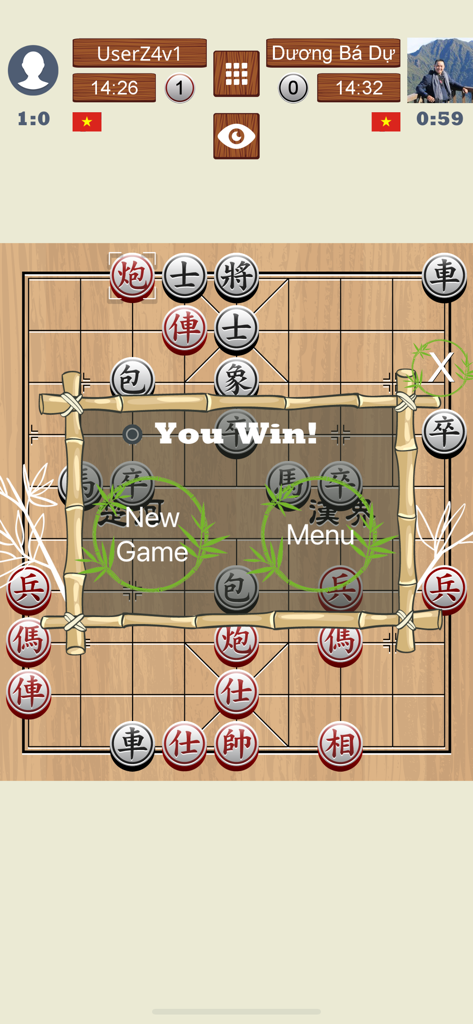 Chinese Chess Online - Xiangqi - Victory screen display in the Chinese Chess Online app showing a You Win message over the board