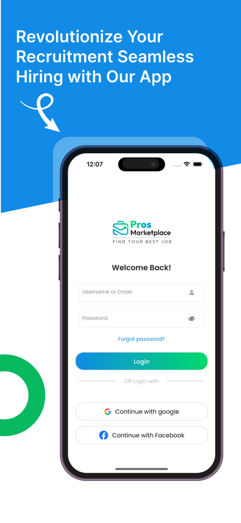 Pros Marketplace - Pantalla de inicio de sesión de la aplicación de contratación Pros Marketplace que muestra opciones de inicio de sesión por correo electrónico y redes sociales para empleadores y buscadores de empleo.