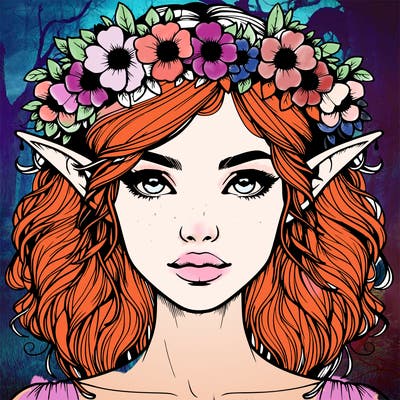 realistic female elf with flower crown