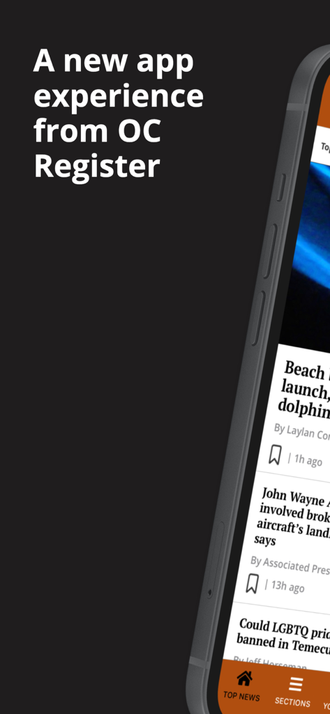 OCRegister - New OC Register mobile app interface with local news articles and navigation bar