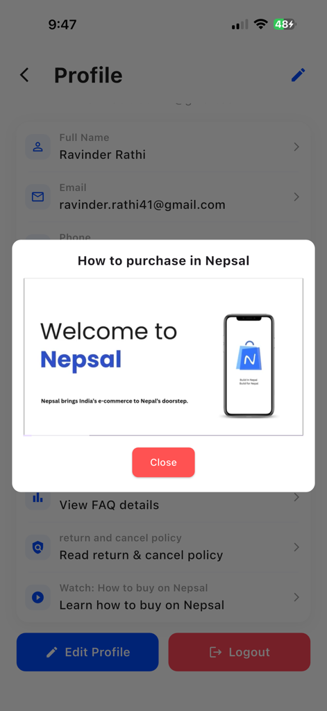 Instructional popup on the Nepsal app profile screen explaining how to buy products from India for delivery in Nepal