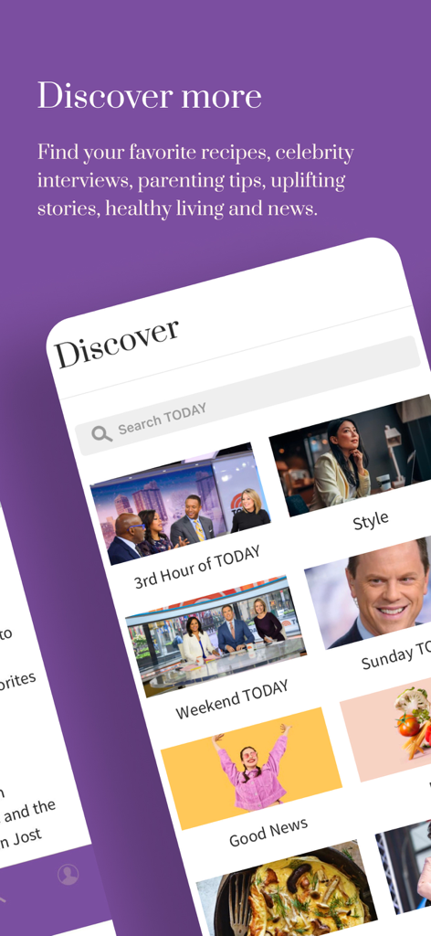 TODAY Show - TODAY Show app discover screen featuring lifestyle categories like recipes, style, and news